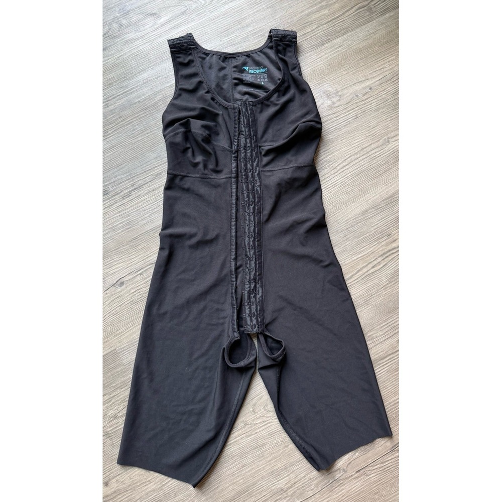 Marena Recovery L Compression Bodysuit Post Surgery Open Crotch Thigh Black